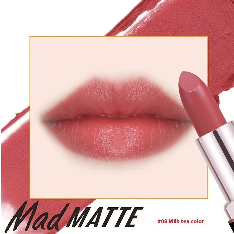 Fey Beauty non-stain matte lipstick in simple case, shades include cameo brown and milk tea colour.