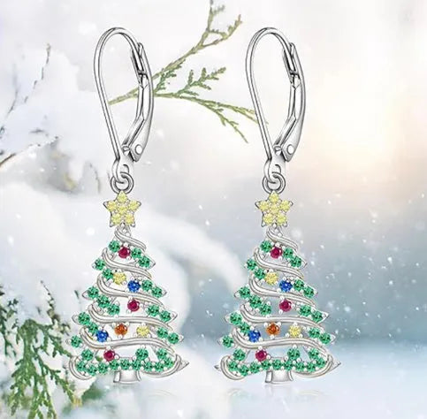 White gold colour Christmas tree and star design pendant earrings for women