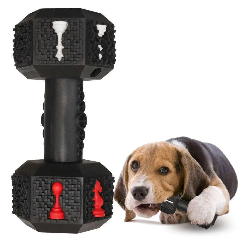 Blue hollow dumbbell-shaped dog chew toy with textured 3D surface particles.