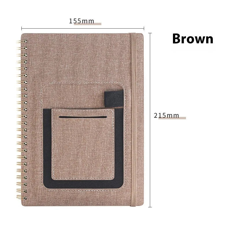 Erasable coil notebook with customisable cover options on waterproof rock stone paper, shown with pen.