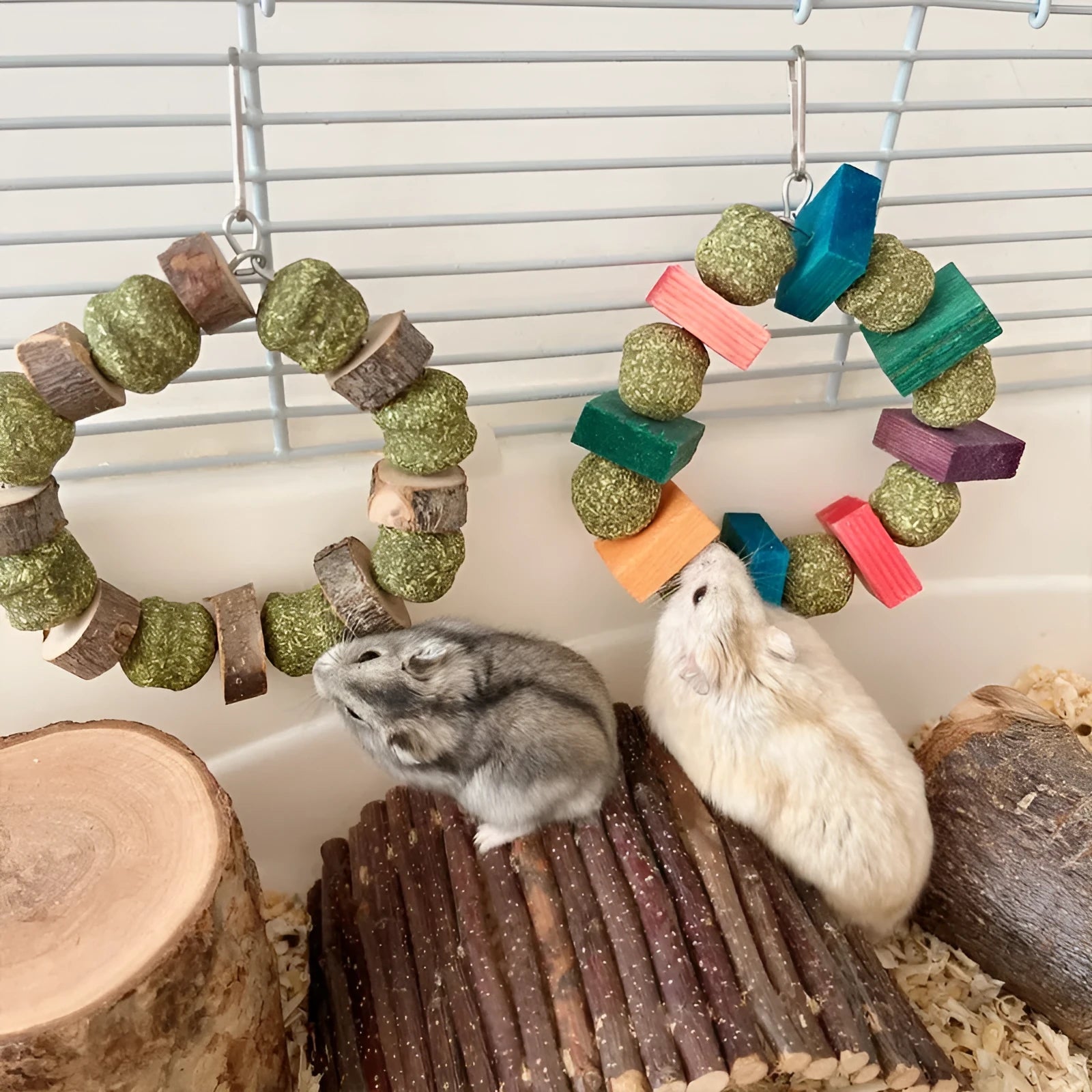 Hamster chew toy with applewood stick and decorative straw ball ring for small pets