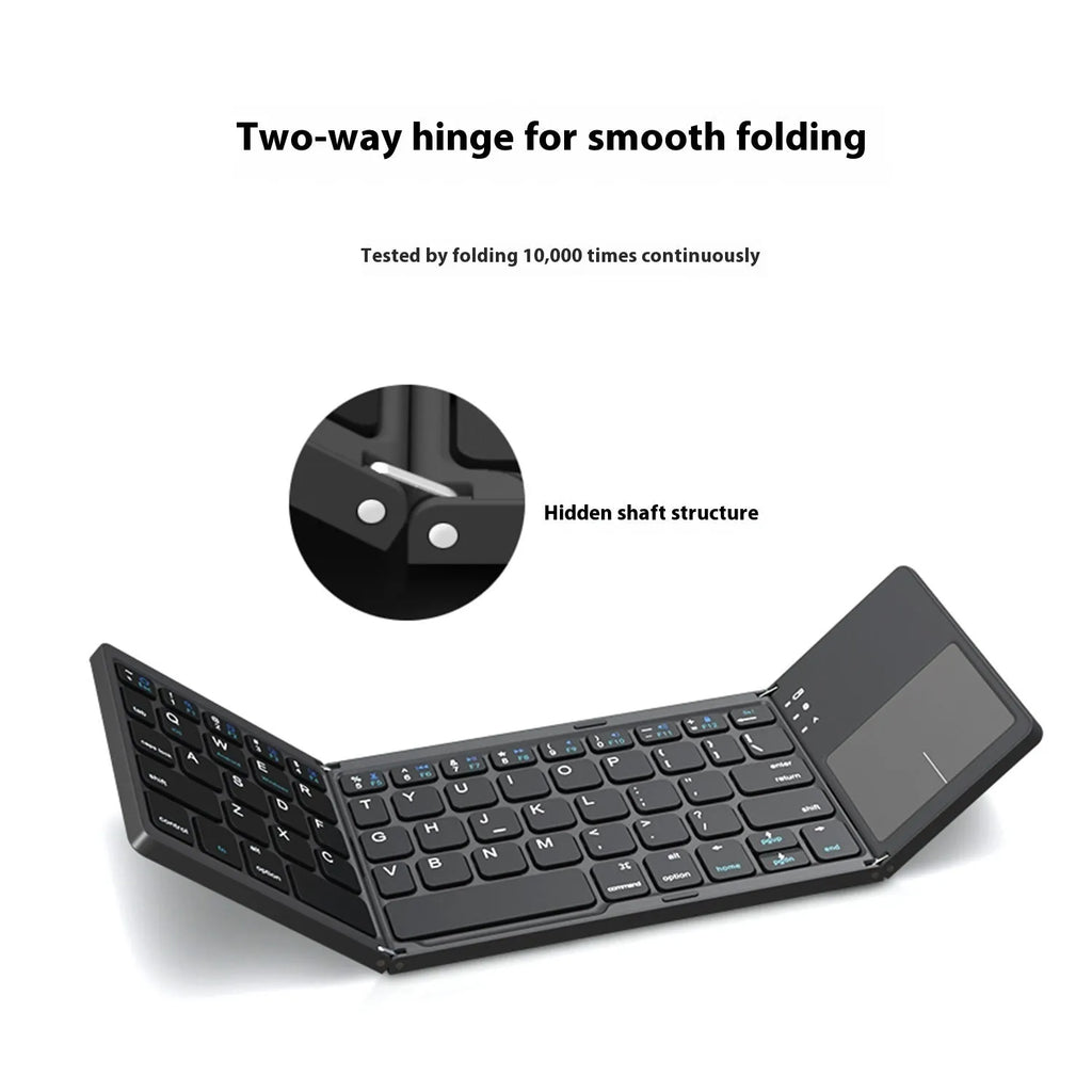Black tri-fold Bluetooth keyboard shown folded to 30.2cm portable size next to smartphone