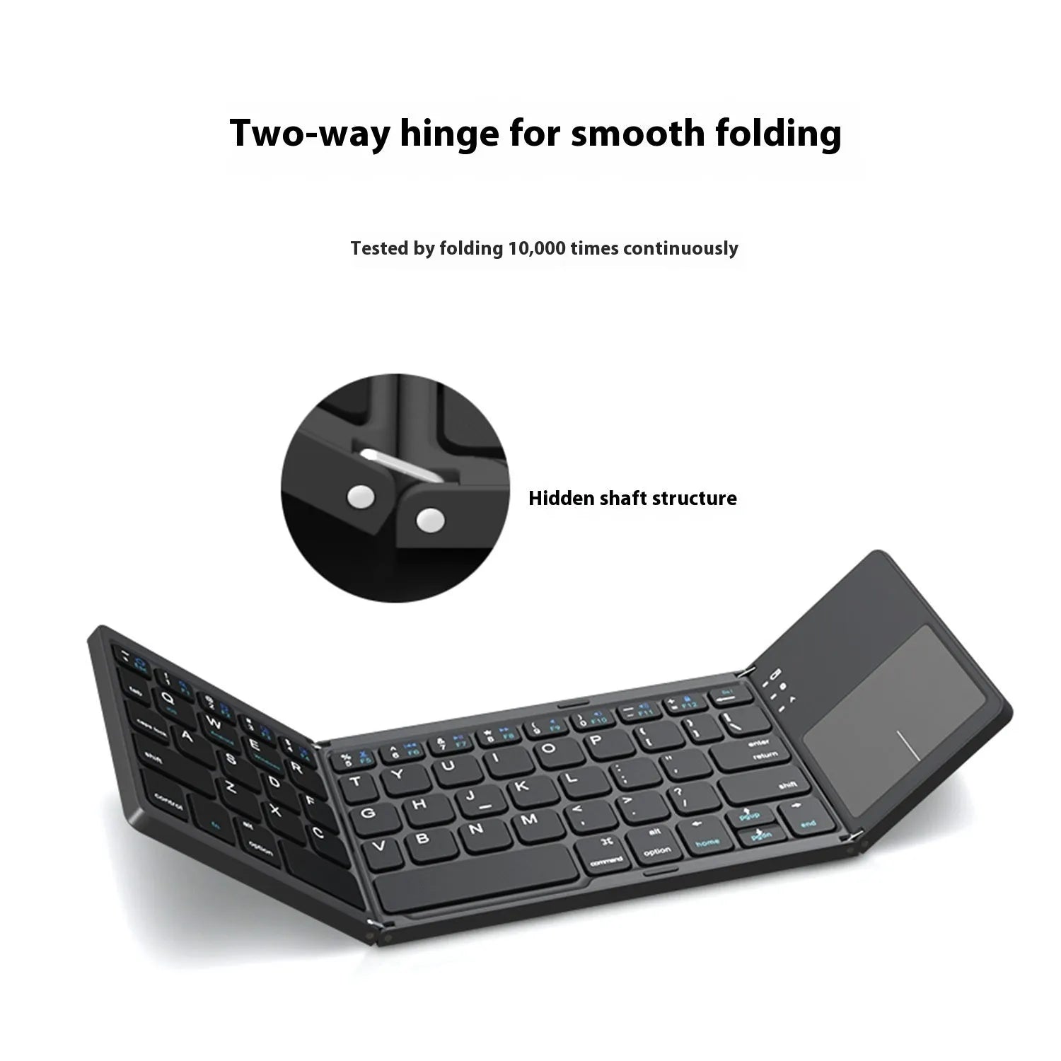 Black tri-fold Bluetooth keyboard shown folded to 30.2cm portable size next to smartphone