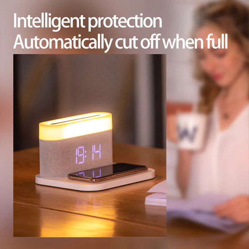 Modern minimalist wireless charging desktop clock with night light and table lamp functions