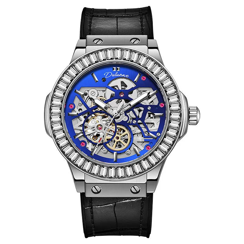 Men's automatic mechanical watch with diamond studded case and hollow movement visible