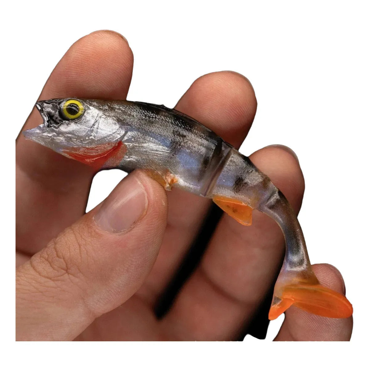 T-tail soft plastic fishing lure in fish colour pattern for sea fishing and catfish