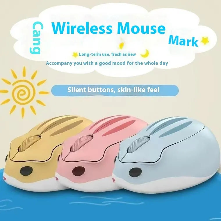 Hamster Wireless Mute Mouse in grey, pink, or yellow colour on a desk.