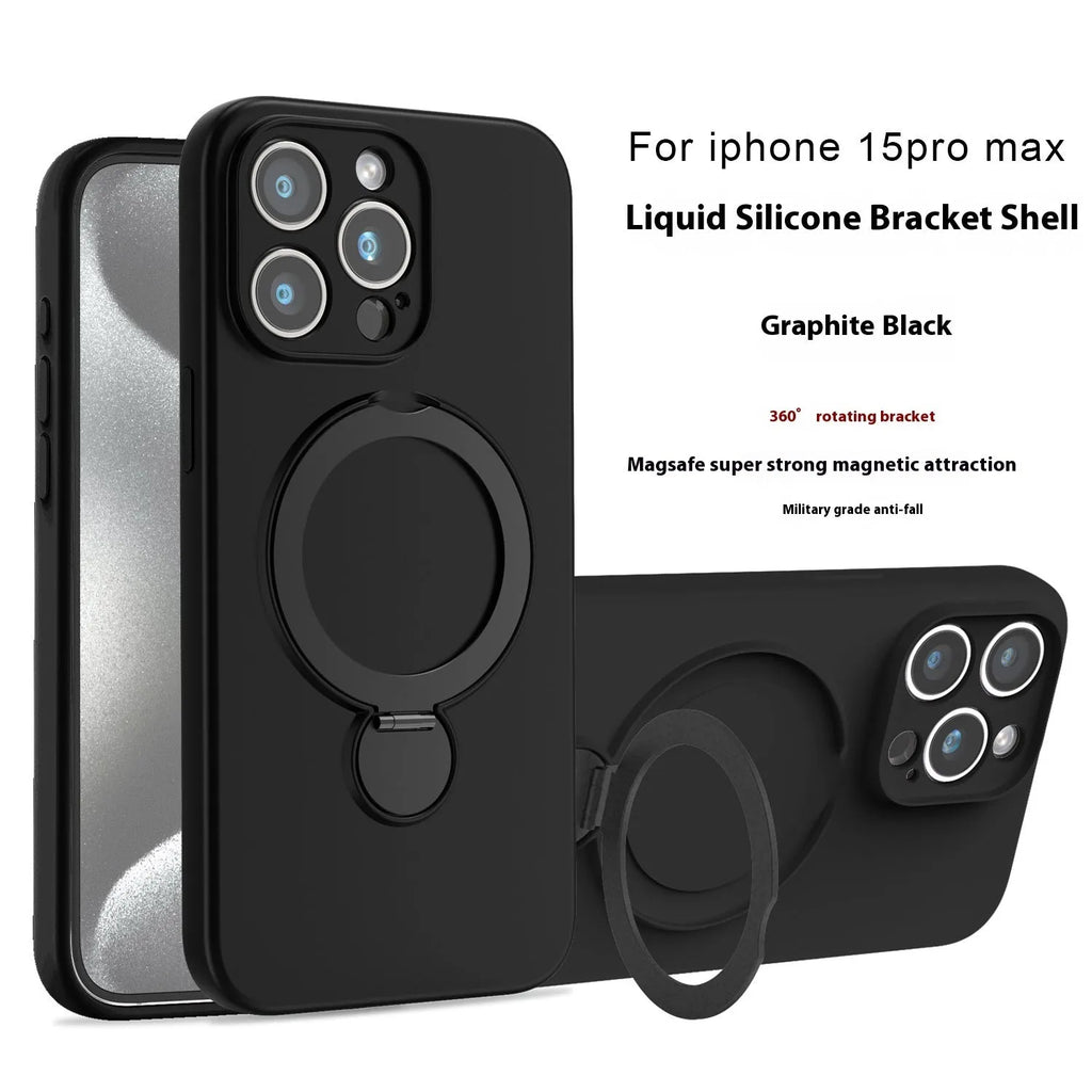 Liquid silicone magnetic bracket phone case for iPhone 14 15 16 in graphite black with anti-fall protection
