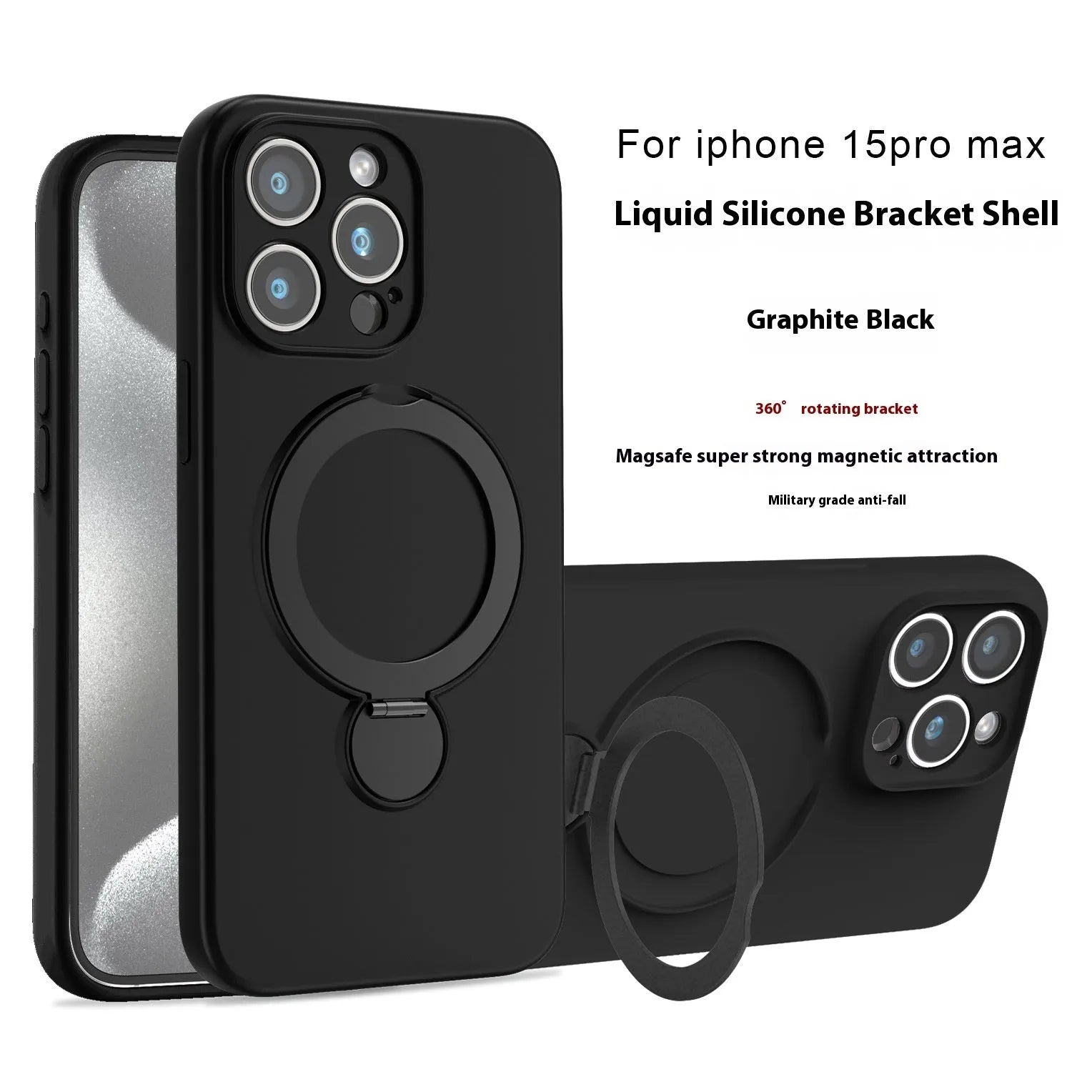 Liquid silicone magnetic bracket phone case for iPhone 14 15 16 in graphite black with anti-fall protection