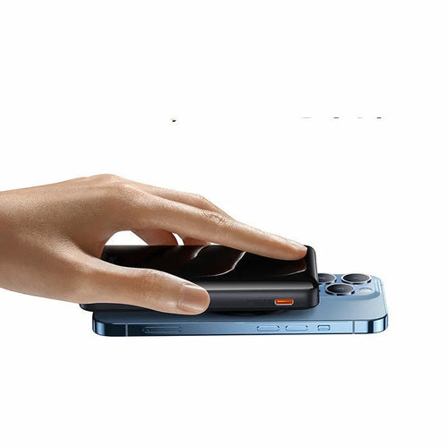 Blue 3-in-1 magnetic power bank with wireless charging capability showing compact dimensions