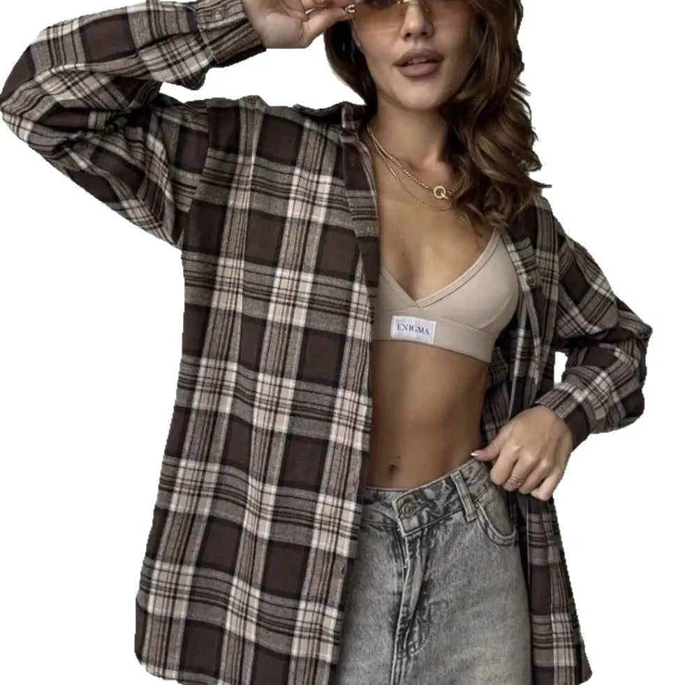 Dark brown striped women's long sleeve shirt in retro style, shown with and without a chest pocket.