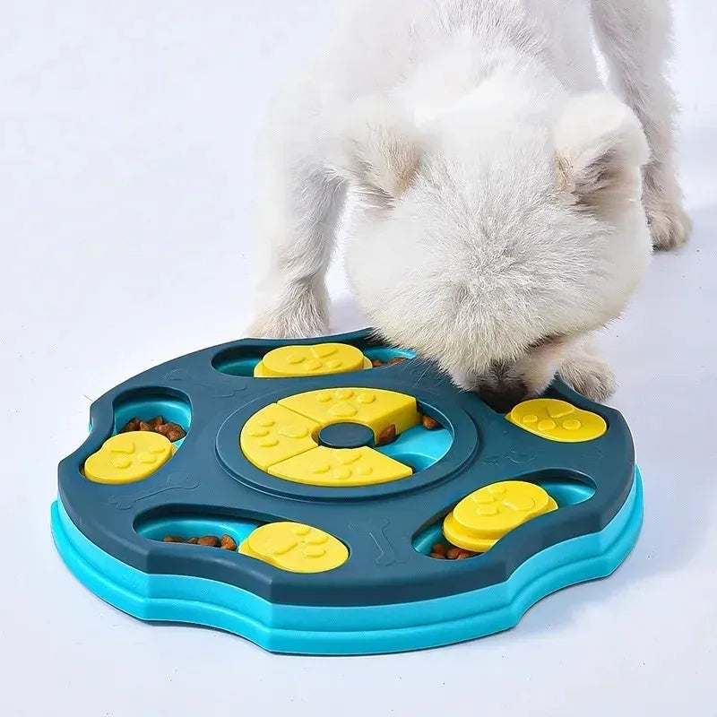 Blue interactive dog puzzle toy bowl with food compartments for slow feeding and brain games.
