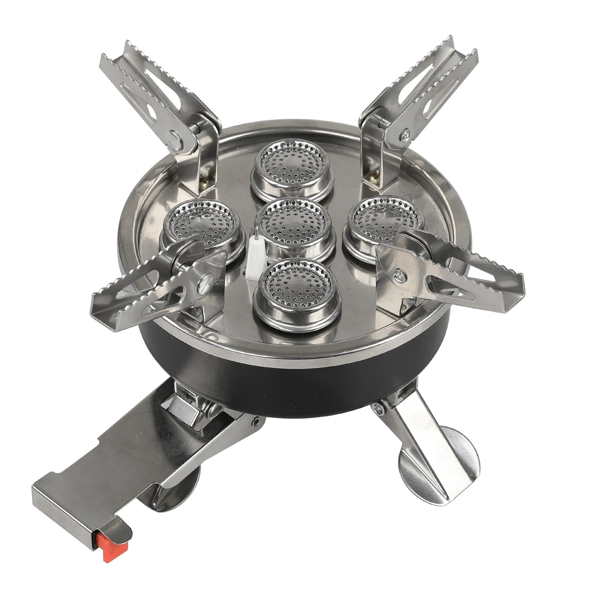 Silver foldable split camping stove with extended gas hose on a grey background