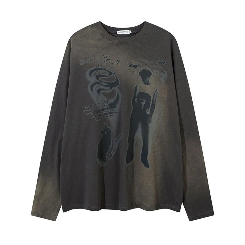 Women's dark grey cotton pullover with letter pattern and drop shoulder sleeves