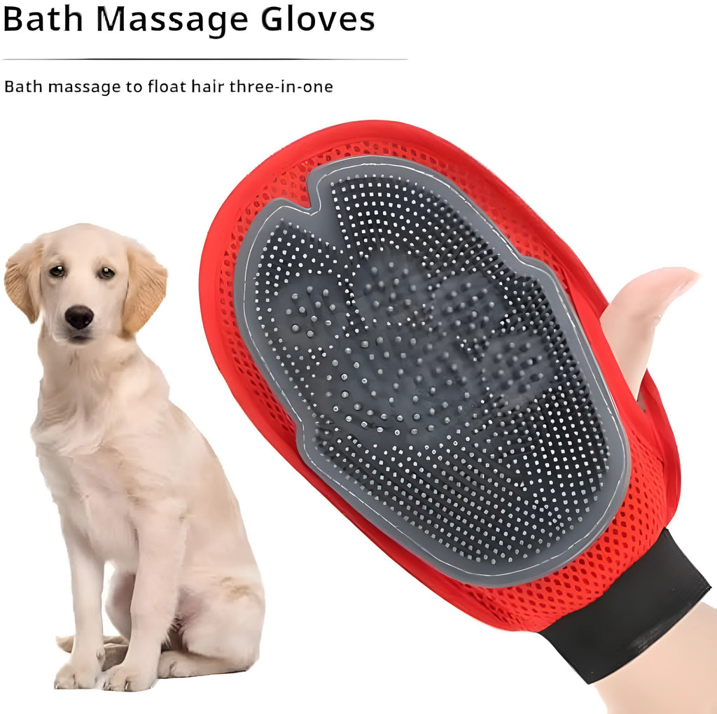 Red pet bathing glove with integrated silicone brush bristles for grooming during bath time