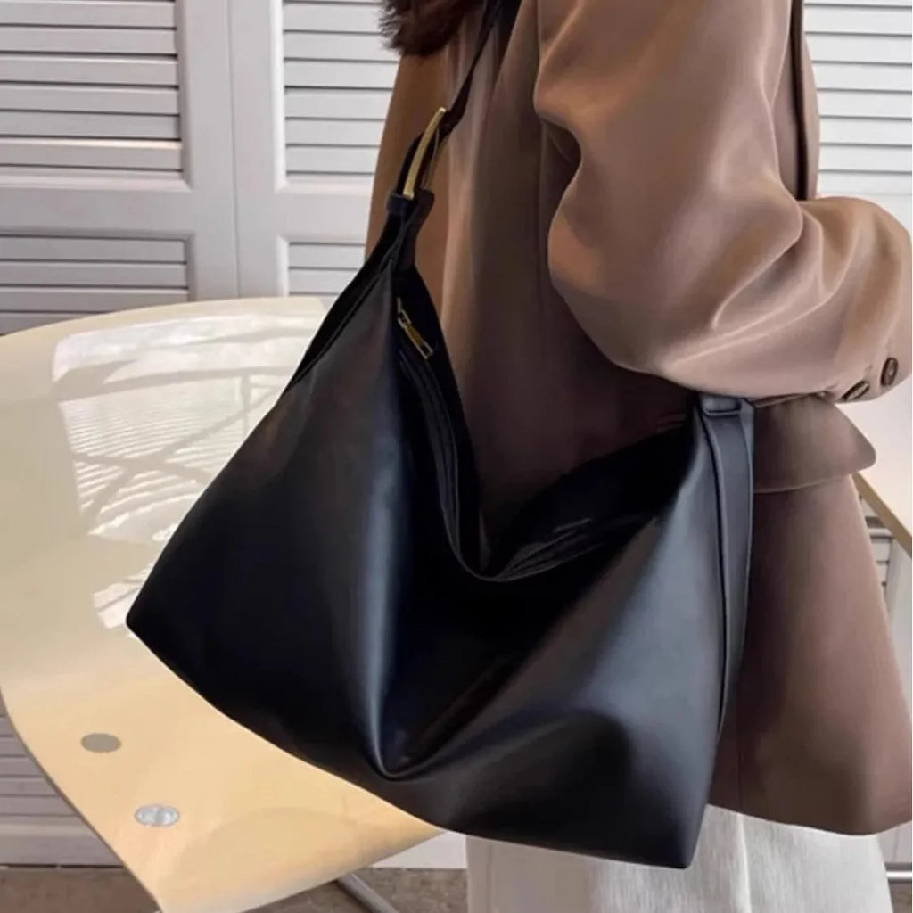 Soft collapse PU one-shoulder large capacity tote bag with sandwich pocket, 35x16.5x25cm, brown colour