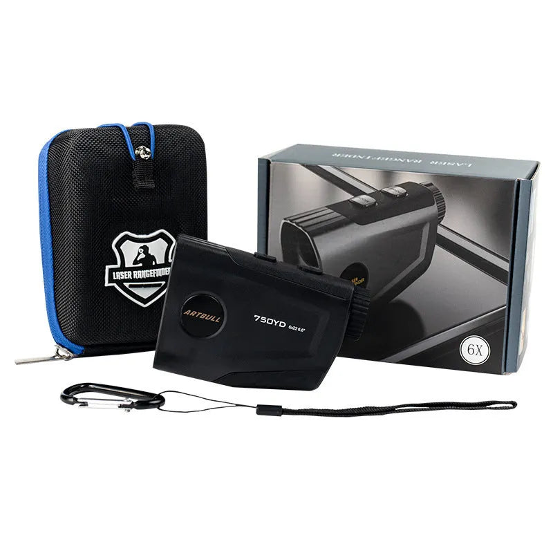 Telescope rechargeable golf laser rangefinder with LCD display showing distance measurement