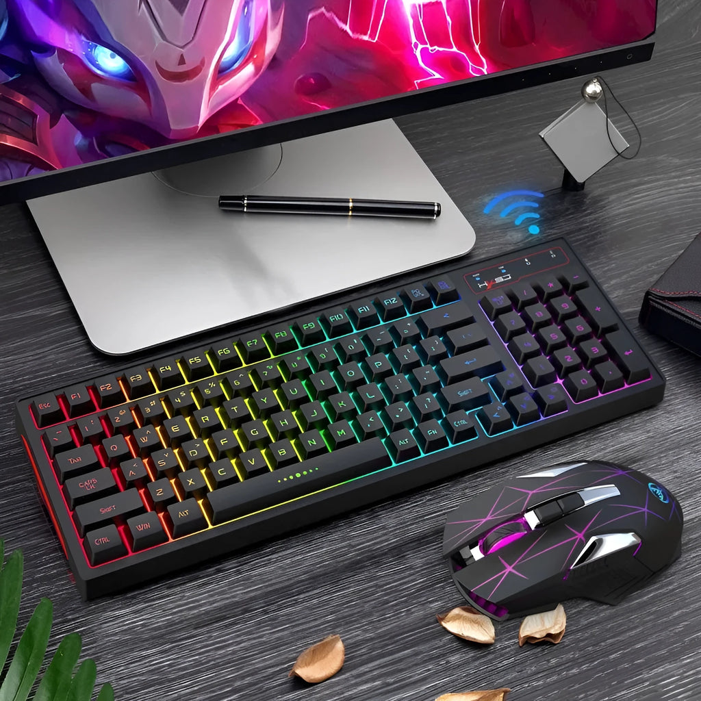 L99 2.4G wireless rechargeable keyboard and mouse set with RGB glow lighting and Type-C charging cable on desk