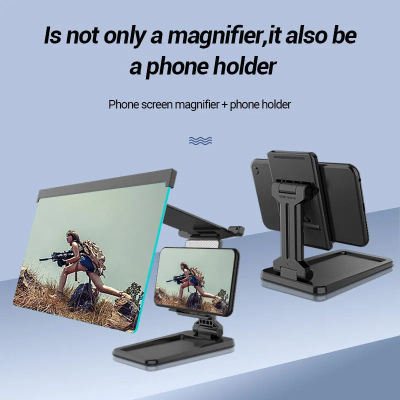 Black folding mobile phone screen amplifier with detachable holder showing 3-4x magnification