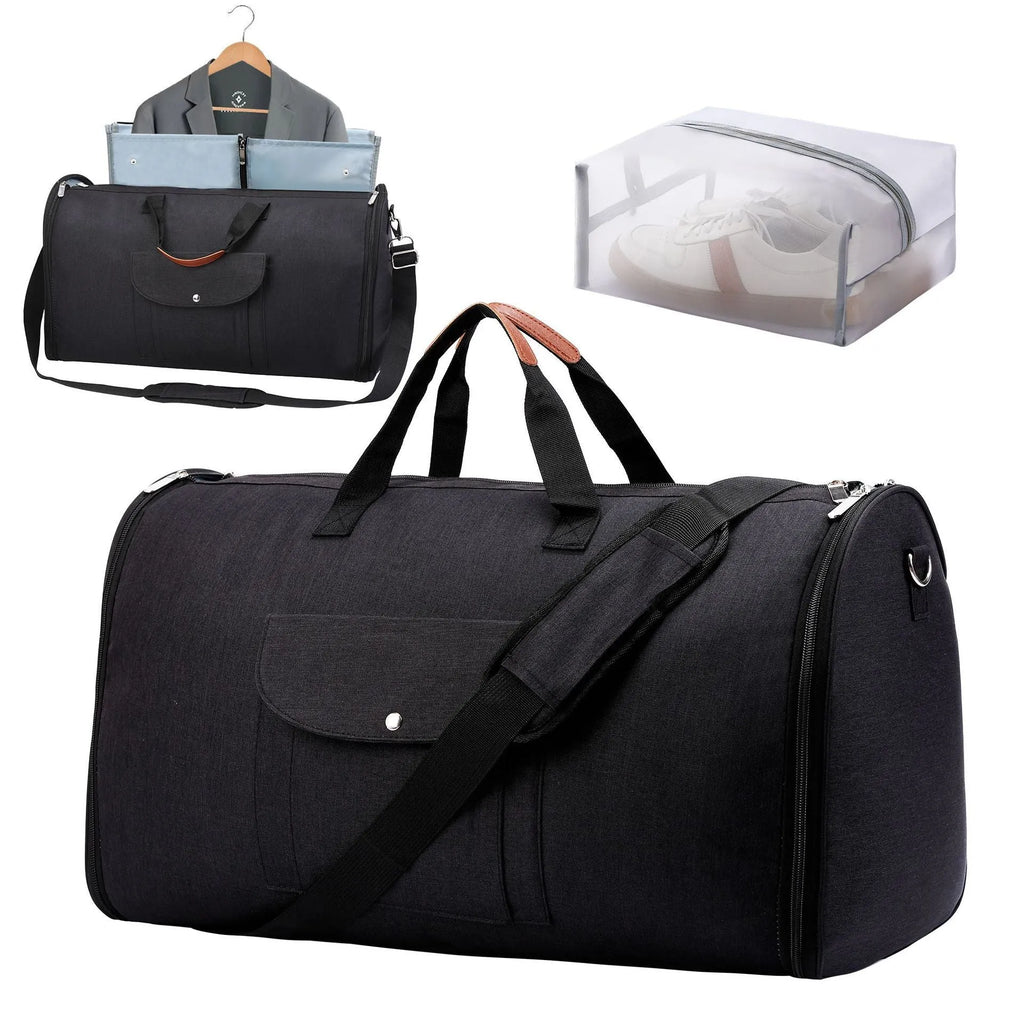 Folding duffel bag in dark blue Oxford cloth with a carrying handle, shown partially folded.