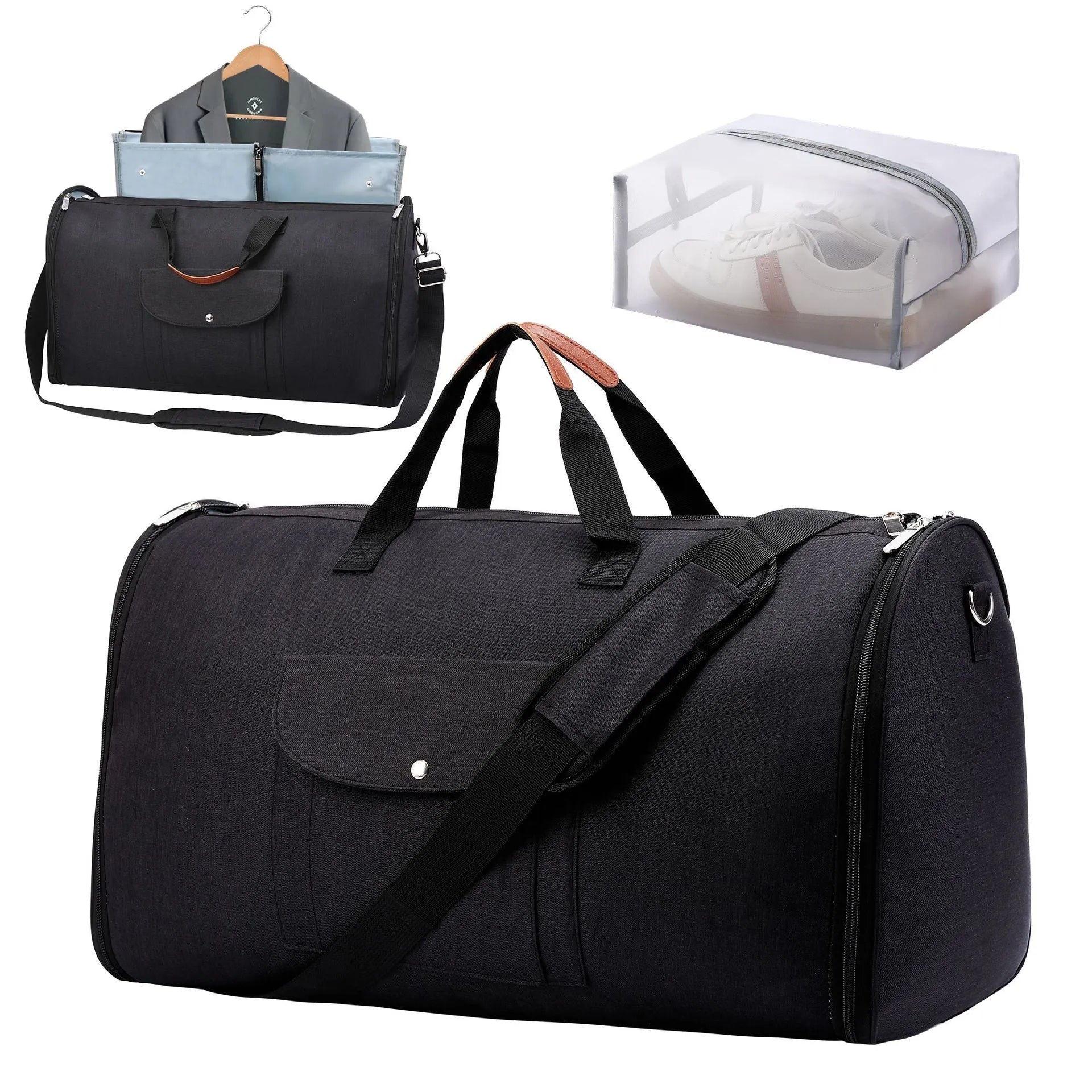 Folding duffel bag in dark blue Oxford cloth with a carrying handle, shown partially folded.