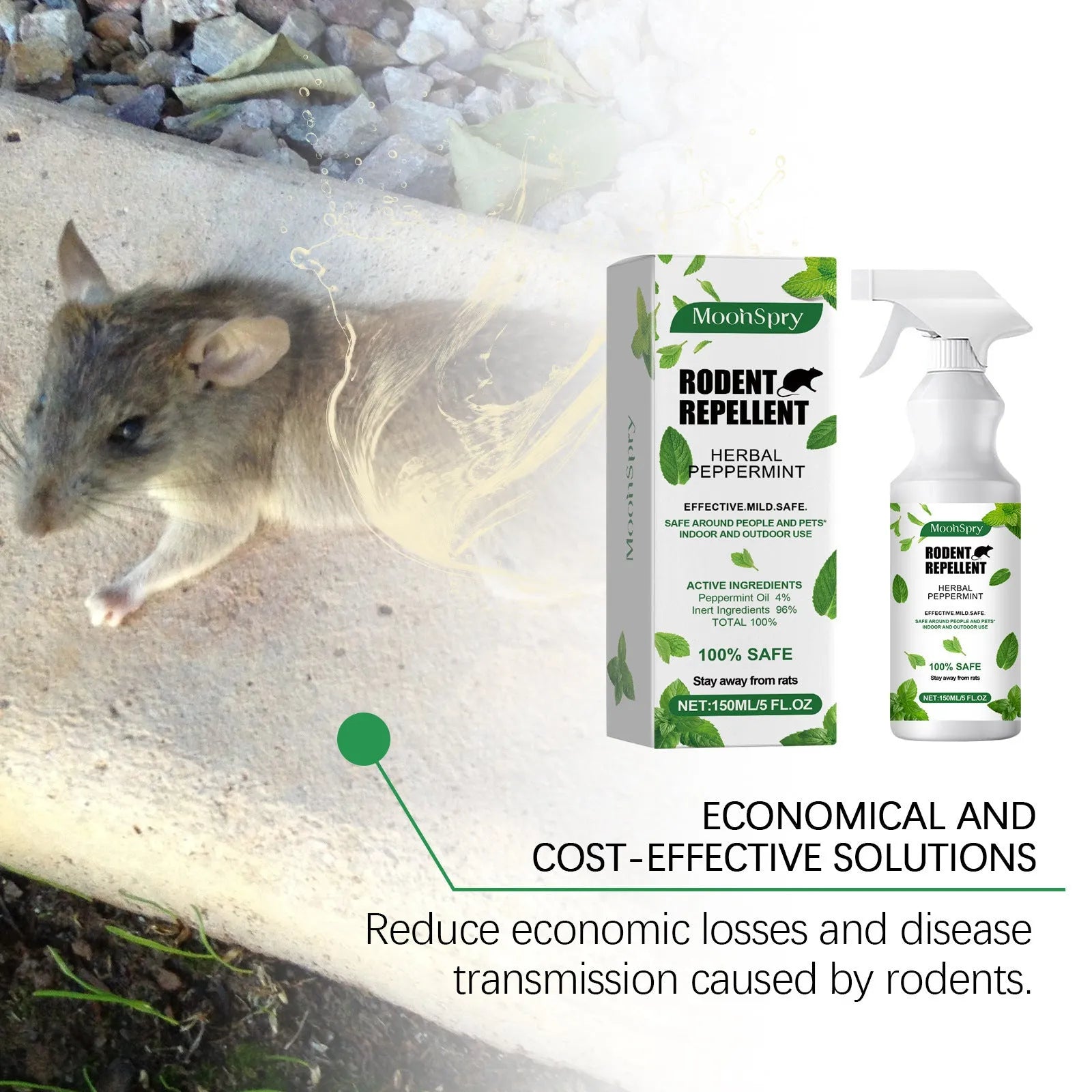 Mint-flavoured rodent repellent spray 150ml bottle with peppermint oil and chili essential oil for outdoor use
