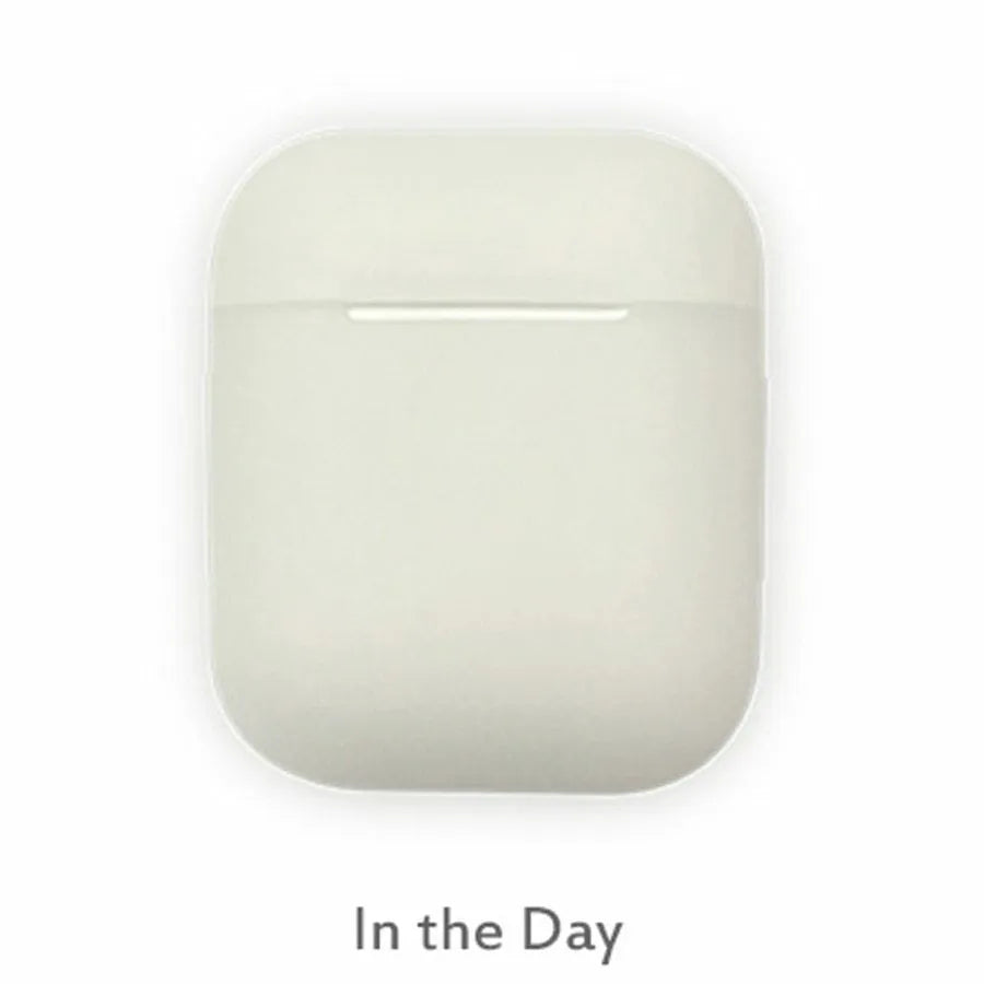 Luminous silicone flip case for Apple AirPods wireless earphones showing open and closed positions.