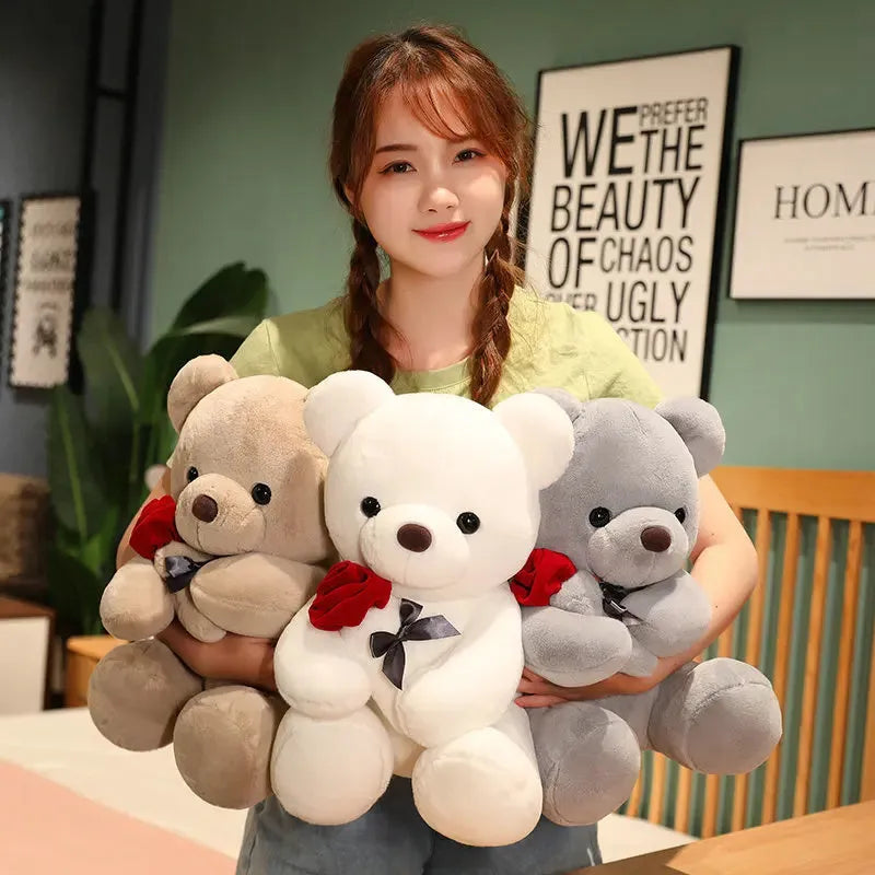 Rose bear teddy plush pillow doll in beige, brown or grey with PP cotton filling