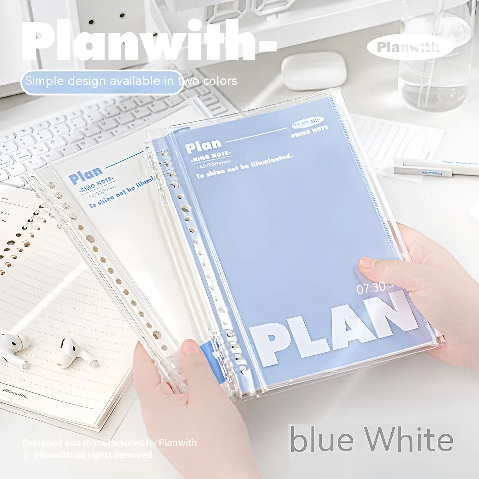 A5 blue and white PVC spiral notebook organiser with can store for loose papers