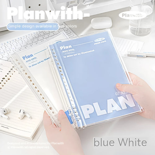 A5 blue and white PVC spiral notebook organiser with can store for loose papers