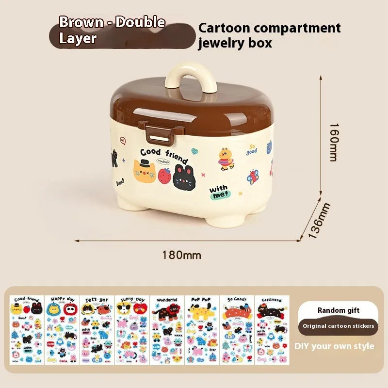 Red and brown cartoon sticker designs on a plastic desktop storage box with grid organiser compartments.