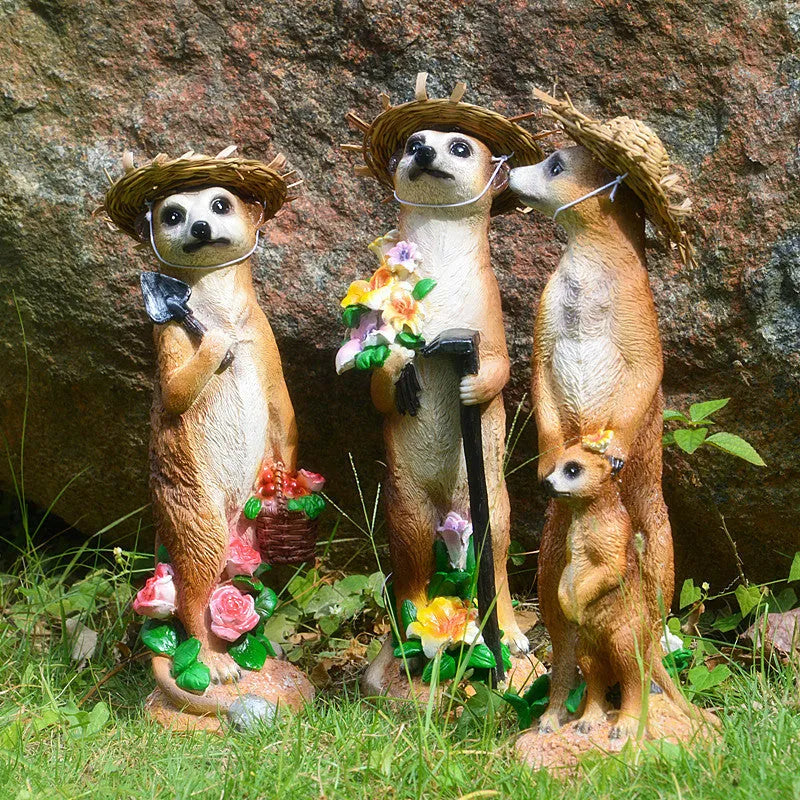 Three yellow-brown straw hat mongoose resin ornaments for bonsai gardening decoration
