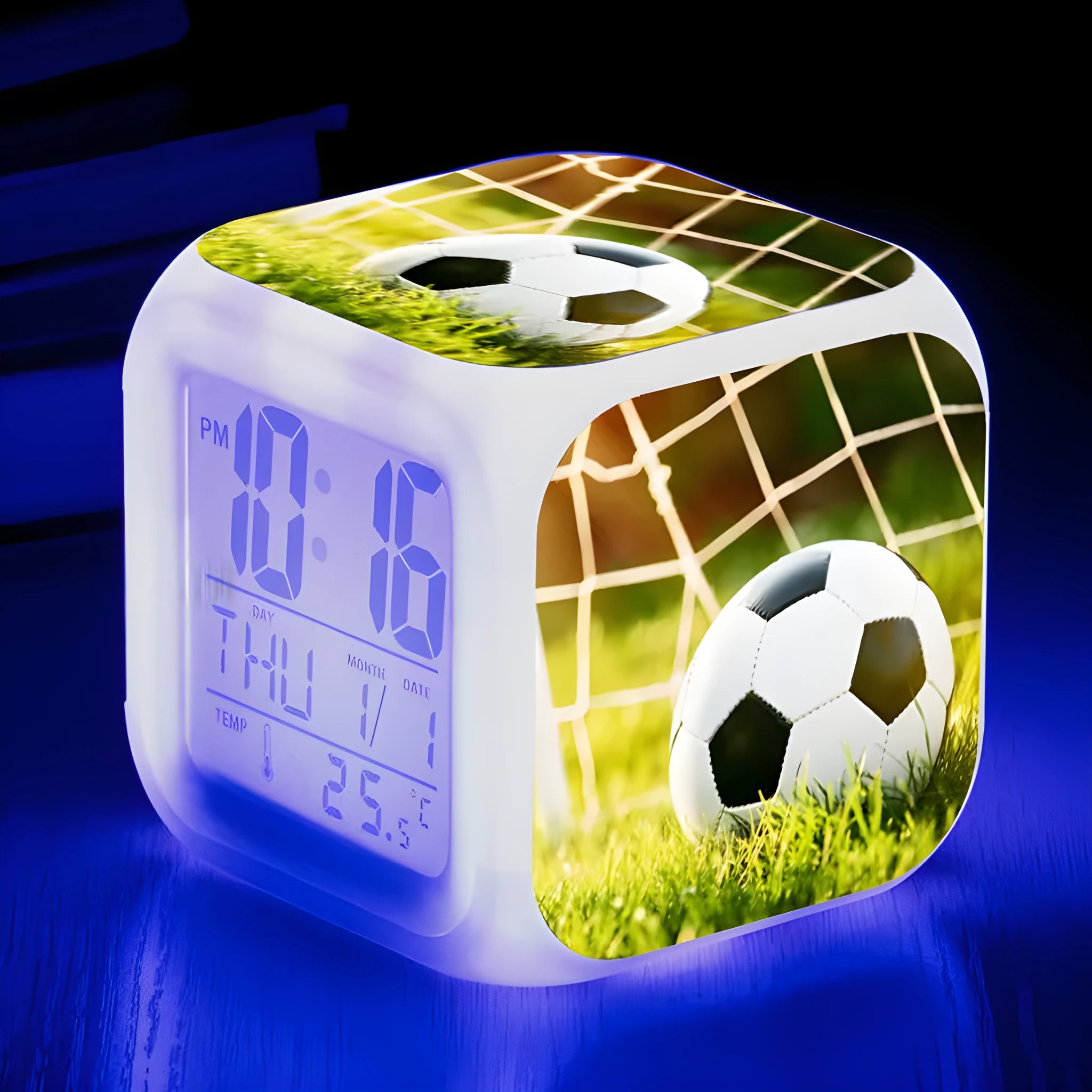 Square football pattern alarm clock with plastic shell and mute alarm function for children