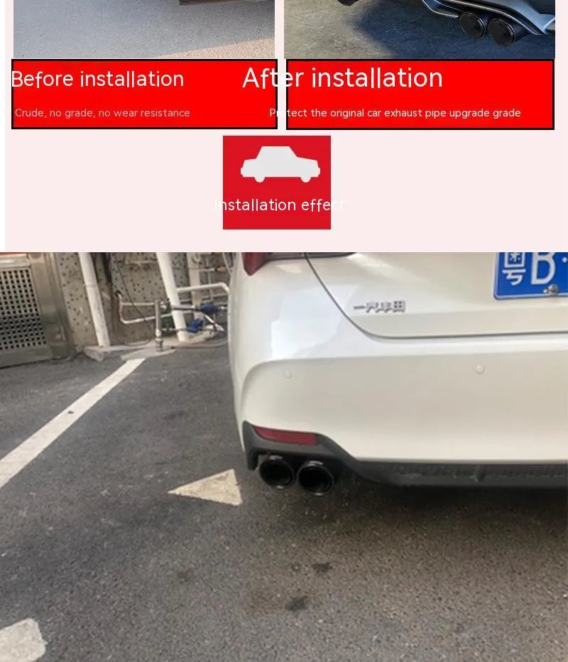 Black carbon fibre dual outlet car exhaust pipe silencer, 250mm long.