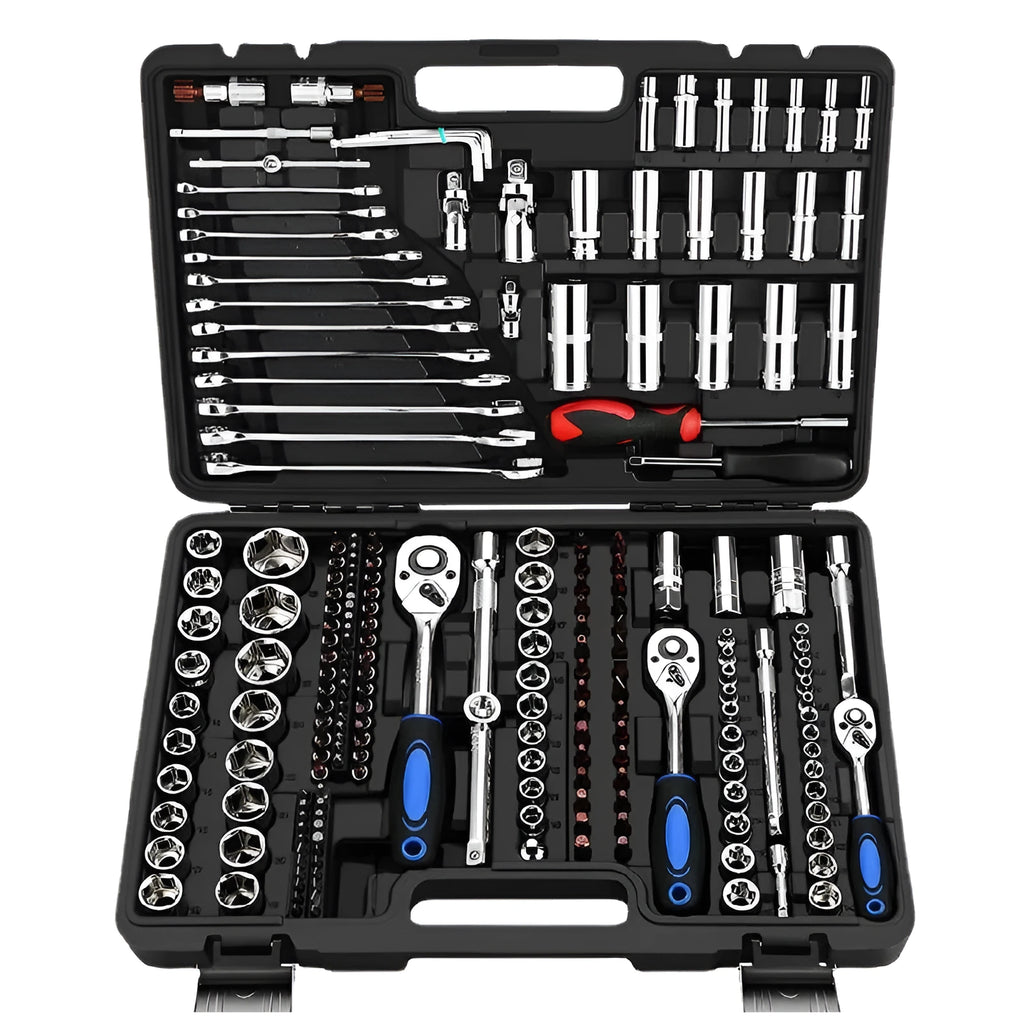 Chromium vanadium steel socket ratchet wrench set with ratchet handle and sockets for repair.