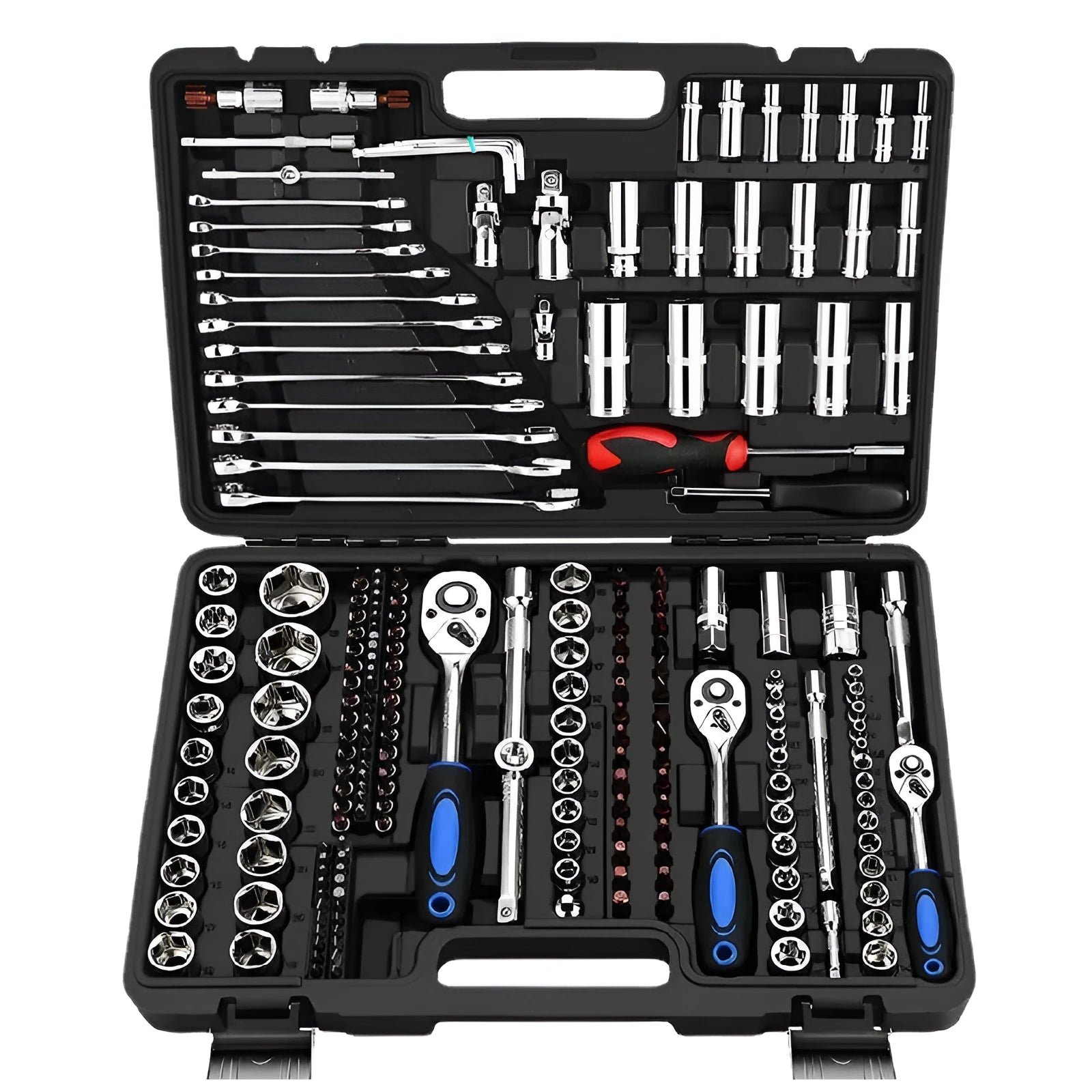 Chromium vanadium steel socket ratchet wrench set with ratchet handle and sockets for repair.