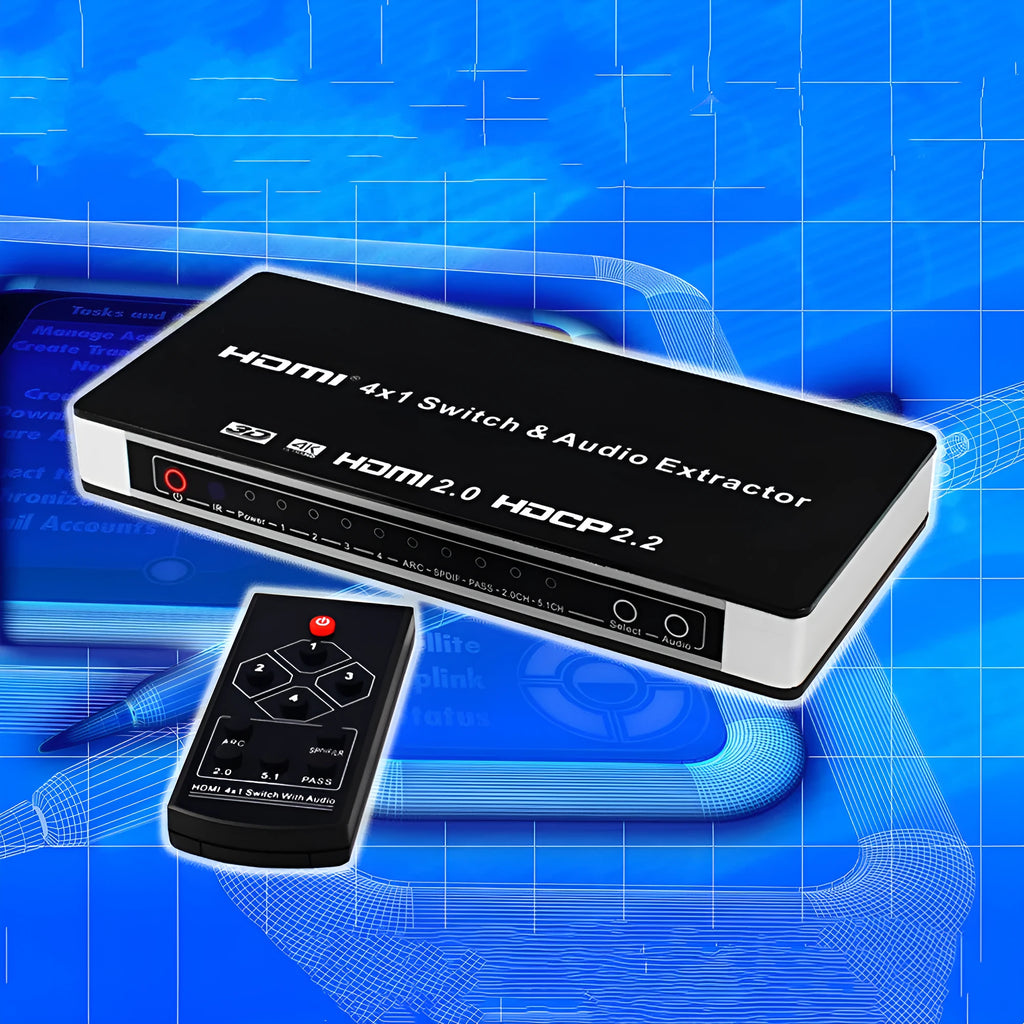 Black HDMI audio switch with 4 inputs and 1 output, remote control included