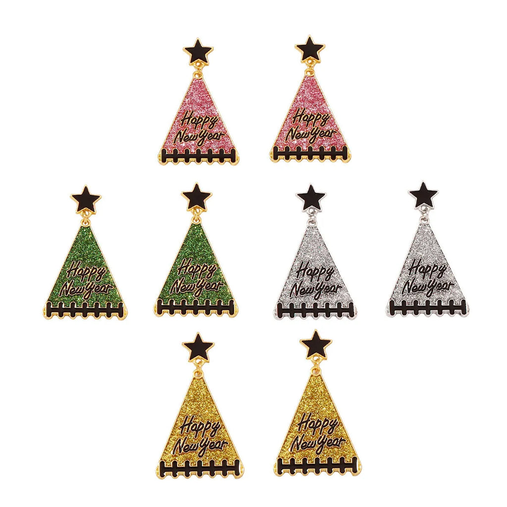 Pair of tree-shaped zinc alloy earrings in multiple colours including pink, green, gray, yellow and red