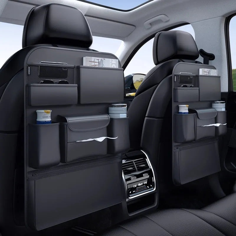 Black leather car seat back hanging storage bag with handle