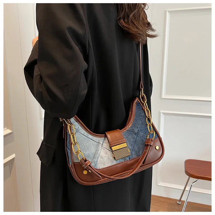 Brown denim women's shoulder bag with diamond mesh overlay and chain detailing