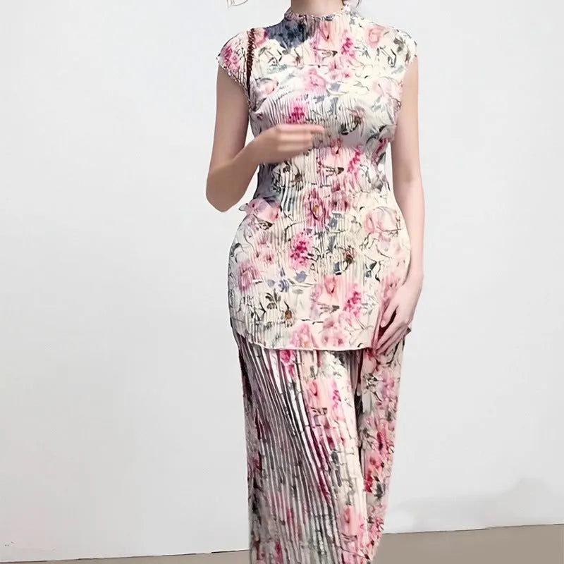Printed chiffon dress set with matching top showing high waist design and long sleeves