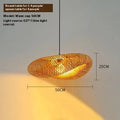 Woven bamboo straw hat-shaped hanging chandelier lamp showing natural texture and light diffusion.