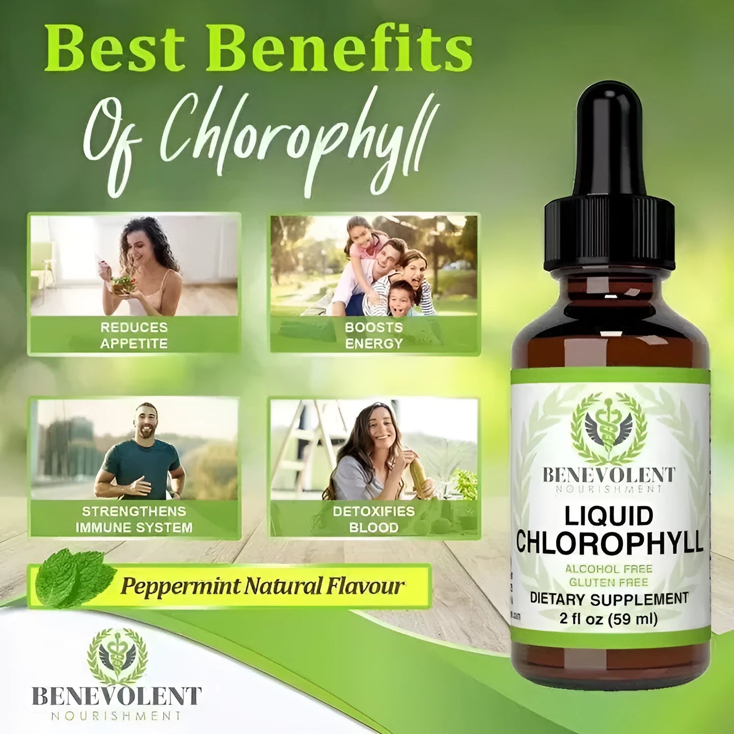 60ml bottle of natural mint-flavoured liquid chlorophyll drops with dropper for adult intestinal care