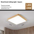 Nordic style square LED ceiling light with wood grain finish, shown in a bedroom setting.