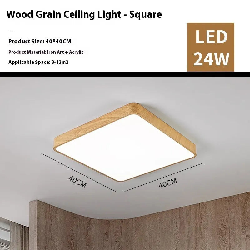 Nordic style square LED ceiling light with wood grain finish, shown in a bedroom setting.
