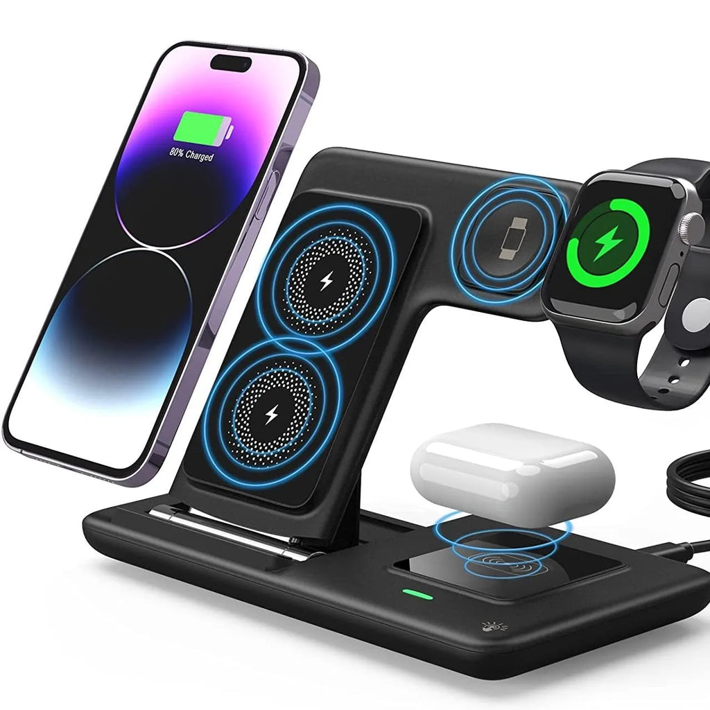 Three-in-one foldable wireless charger in black with twin coil and 15W fast charge for phone watch earbuds