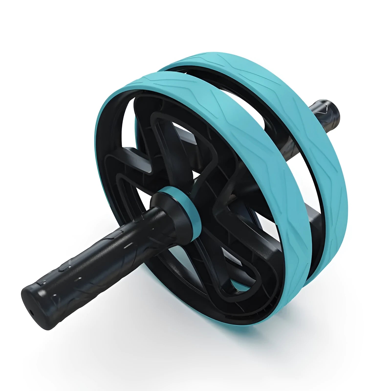 Blue double wheel abdominal roller for core strength training, size 28x18x18 cm