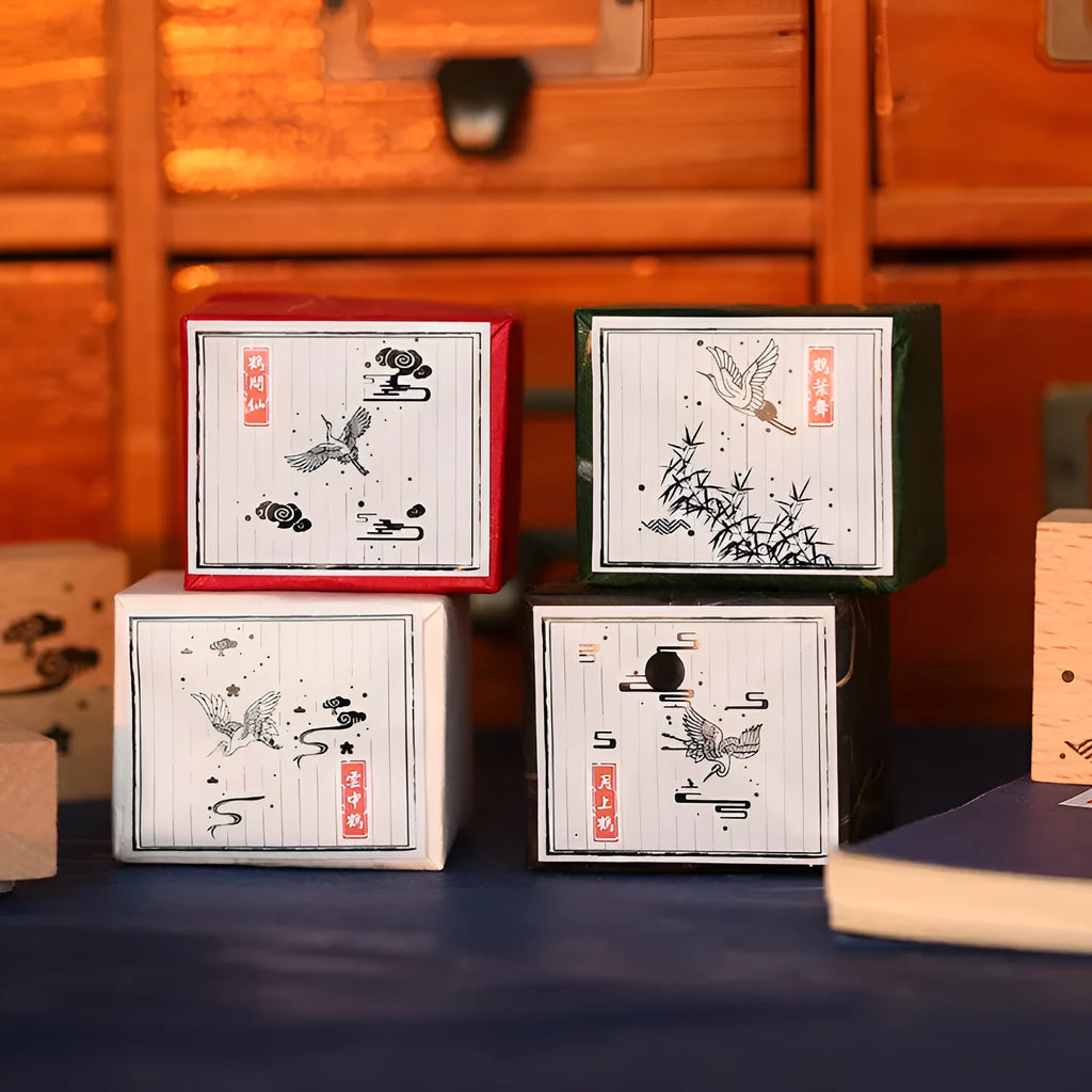 Wooden DIY stamp set with traditional crane designs for stationery decoration