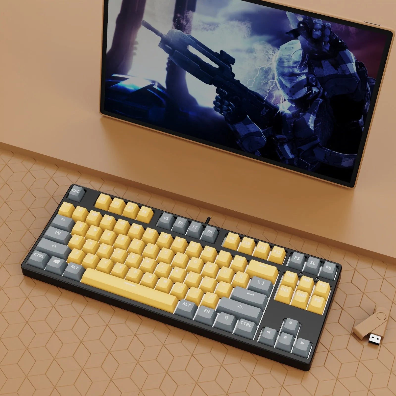87-key tenkeyless mechanical keyboard in a dual-colour keycap design with metal frame