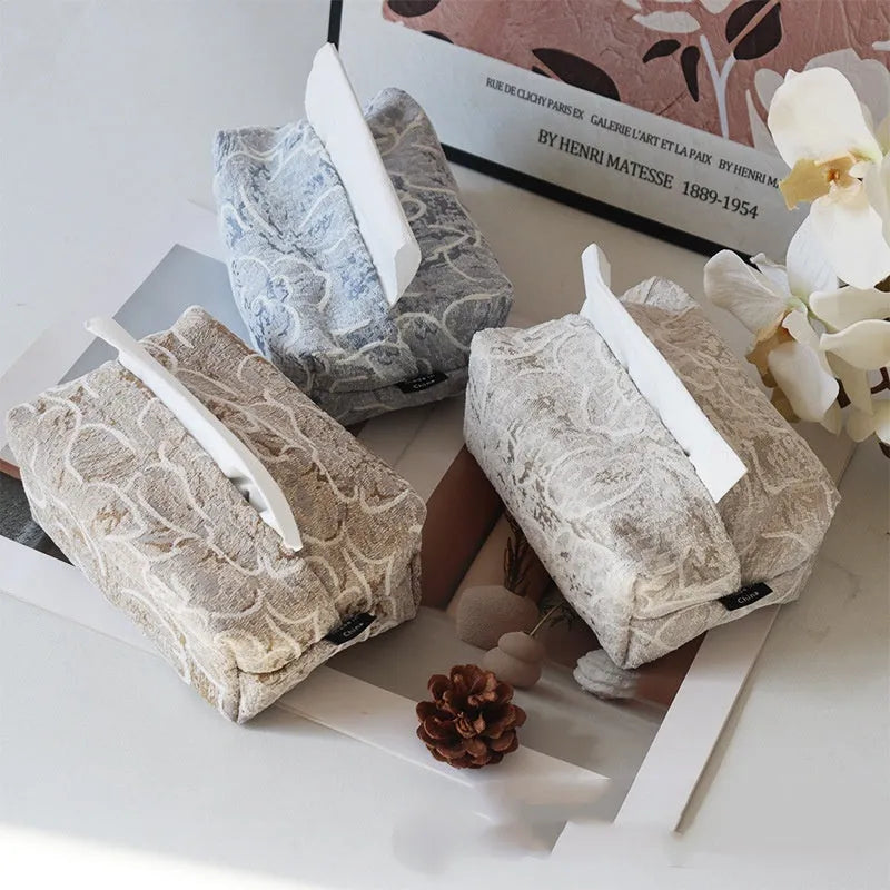 Chinese style pastel floral cotton tissue box in beige, blue, or brown for living room